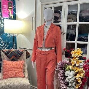 Women's Coral Cropped Blazer with High-Waist Belted Trousers